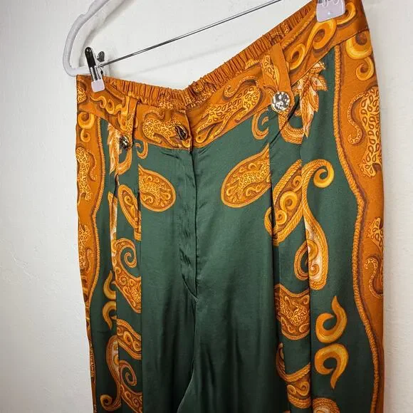 NWT Anthropologie Farm Rio Printed Wide Leg Green Gold Cheetah Satin Pants Med - Picture 8 of 15